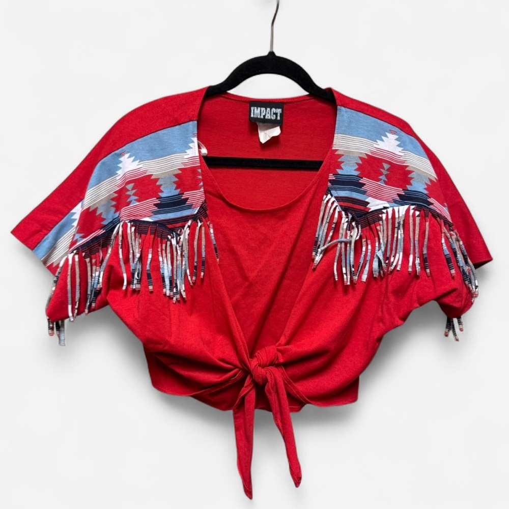 Vintage Impact Red Crop Top with Blue and White Southwest Fringe Appliqués